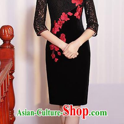 Chinese Traditional Tang Suit Embroidered Qipao Dress National Costume Retro Black Lace Mandarin Cheongsam for Women