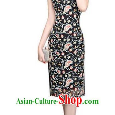 Chinese Traditional Tang Suit Qipao Dress National Costume Retro Black Mandarin Cheongsam for Women