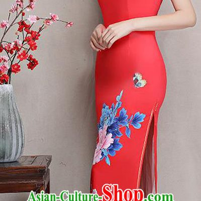 Chinese Traditional Tang Suit Printing Peony Silk Qipao Dress National Costume Retro Red Mandarin Cheongsam for Women