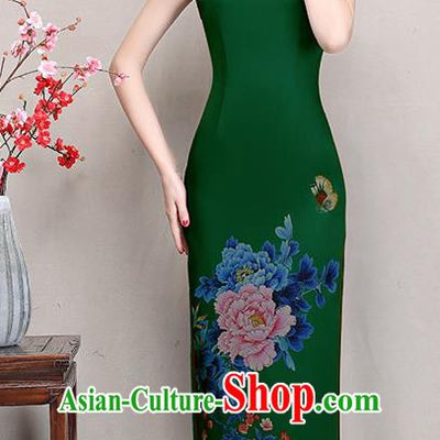 Chinese Traditional Tang Suit Printing Peony Silk Qipao Dress National Costume Retro Green Mandarin Cheongsam for Women