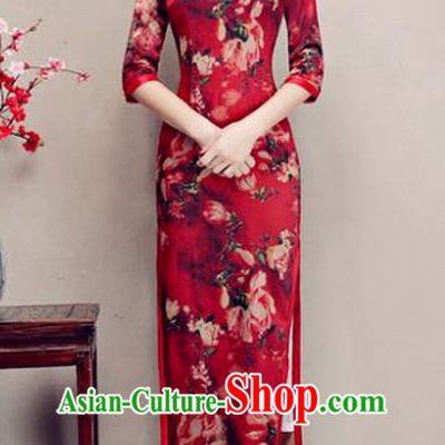 Chinese Traditional Tang Suit Printing Watered Gauze Qipao Dress National Costume Retro Mandarin Cheongsam for Women