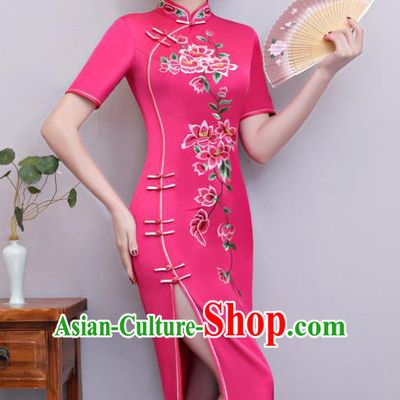Chinese Traditional Tang Suit Embroidered Rosy Qipao Dress National Costume Mandarin Cheongsam for Women