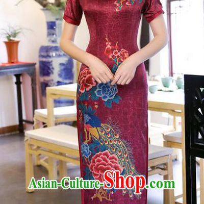 Chinese Traditional Tang Suit Printing Peacock Peony Qipao Dress National Costume Wine Red Mandarin Cheongsam for Women