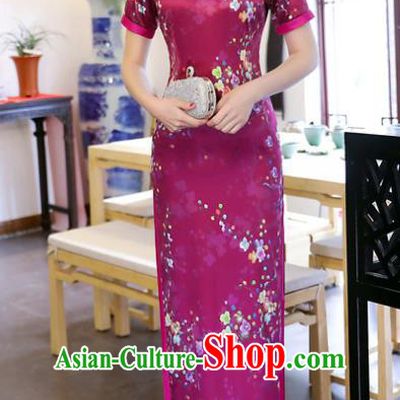 Chinese Traditional Tang Suit Printing Qipao Dress National Costume Purple Mandarin Cheongsam for Women