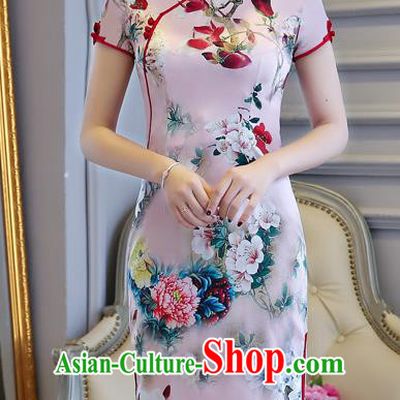 Chinese Traditional Tang Suit Pink Silk Qipao Dress National Costume Mandarin Cheongsam for Women