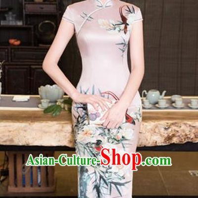 Chinese Traditional Tang Suit Printing Flowers Qipao Dress National Costume Pink Silk Mandarin Cheongsam for Women
