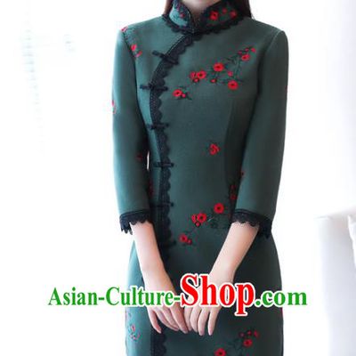 Chinese Traditional Tang Suit Plum Blossom Qipao Dress National Costume Atrovirens Mandarin Cheongsam for Women