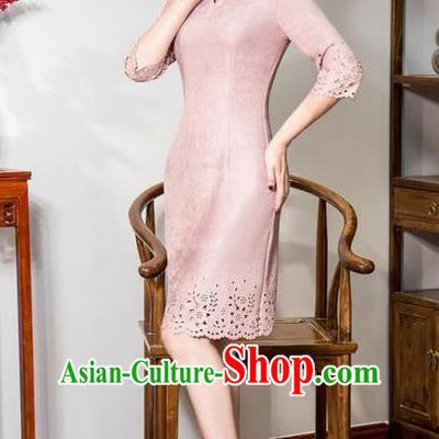 Chinese Traditional Tang Suit Pink Suede Fabric Qipao Dress National Costume Top Grade Mandarin Cheongsam for Women