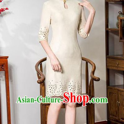 Chinese Traditional Tang Suit Apricot Suede Fabric Qipao Dress National Costume Top Grade Mandarin Cheongsam for Women
