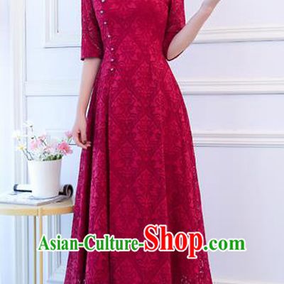 Top Grade Chinese Traditional Wine Red Lace Qipao Dress National Costume Tang Suit Mandarin Cheongsam for Women