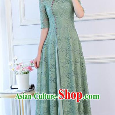 Top Grade Chinese Traditional Green Lace Qipao Dress National Costume Tang Suit Mandarin Cheongsam for Women