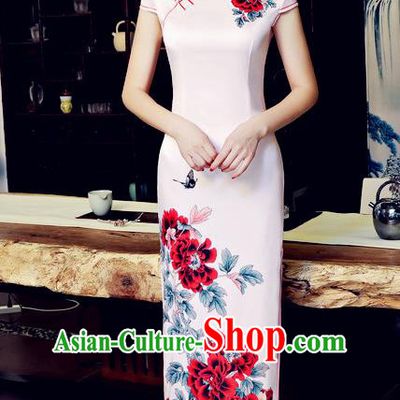 Chinese Traditional Tang Suit Qipao Dress National Costume Printing Flowers Pink Mandarin Cheongsam for Women