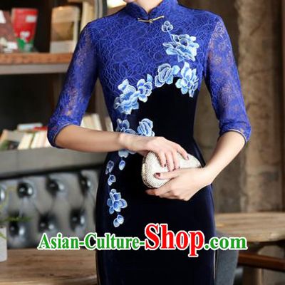Top Grade Chinese Traditional Blue Lace Qipao Dress National Costume Tang Suit Mandarin Cheongsam for Women