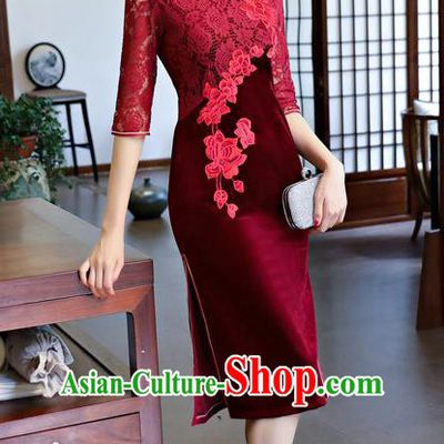 Top Grade Chinese Traditional Red Lace Qipao Dress National Costume Tang Suit Mandarin Cheongsam for Women