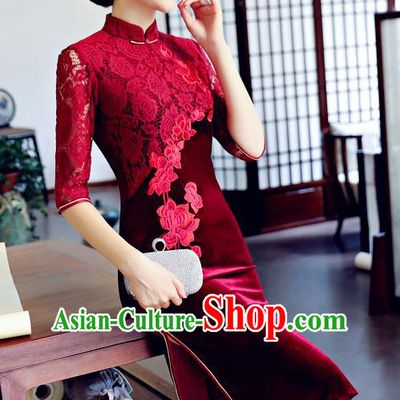 Top Grade Chinese Traditional Wine Red Lace Qipao Dress National Costume Tang Suit Mandarin Cheongsam for Women