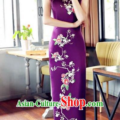 Top Grade Chinese Traditional Printing Flowers Qipao Dress National Costume Tang Suit Purple Silk Mandarin Cheongsam for Women