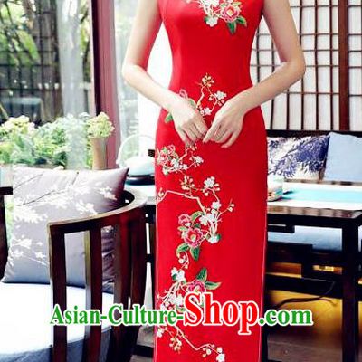 Top Grade Chinese Traditional Printing Flowers Qipao Dress National Costume Tang Suit Red Silk Mandarin Cheongsam for Women