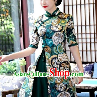 Top Grade Chinese Green Watered Gauze Qipao Dress National Costume Traditional Mandarin Cheongsam for Women