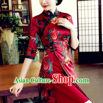 Top Grade Chinese Red Watered Gauze Qipao Dress National Costume Traditional Mandarin Cheongsam for Women