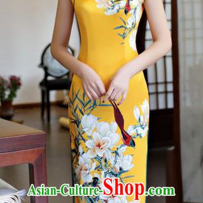 Top Grade Chinese Printing Pear Blossom Qipao Dress National Costume Traditional Yellow Silk Mandarin Cheongsam for Women