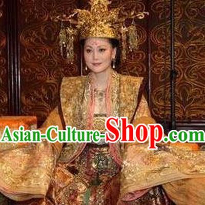 Traditional Chinese Ancient Tang Dynasty Queen Wu Zetian Embroidered Replica Costume and Headpiece Complete Set for Women