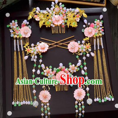 Traditional Chinese Ancient Bride Hair Accessories Xiuhe Suit Hairpins Pink Flowers Hair Comb Complete Set for Women