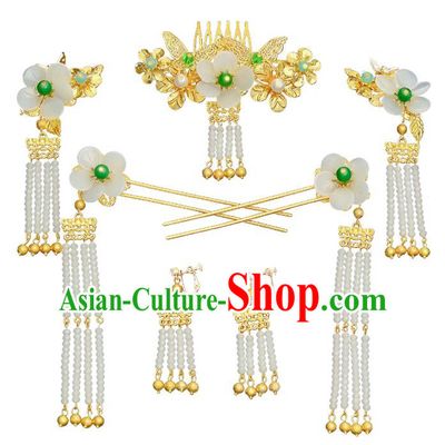 Traditional Chinese Ancient Bride Hair Accessories Xiuhe Suit Hairpins White Flowers Hair Comb Complete Set for Women