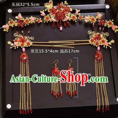 Traditional Chinese Ancient Bride Hair Accessories Xiuhe Suit Hairpins Red Jade Hair Clasp Complete Set for Women
