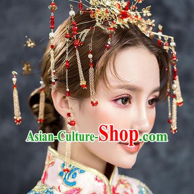 Traditional Chinese Ancient Bride Hair Accessories Xiuhe Suit Wedding Tassel Step Shake Hairpins Complete Set for Women