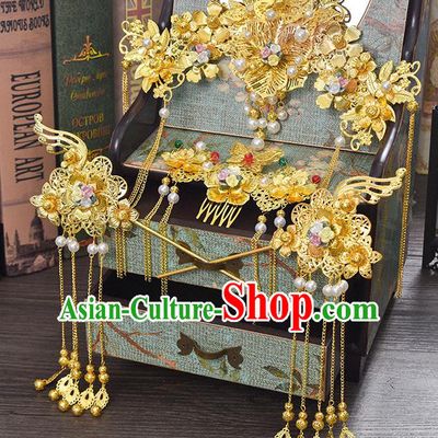 Traditional Chinese Ancient Bride Hair Accessories Xiuhe Suit Wedding Butterfly Phoenix Coronet Hairpins Complete Set for Women