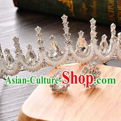 Handmade Bride Wedding Hair Accessories Baroque Crystal Royal Crown and Earrings for Women