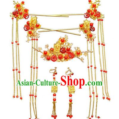 Traditional Chinese Ancient Hair Accessories Xiuhe Suit Bride Phoenix Coronet Red Beads Tassel Hairpins Complete Set for Women