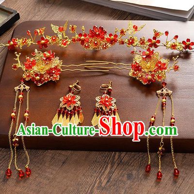 Traditional Chinese Ancient Hair Accessories Xiuhe Suit Bride Phoenix Coronet Red Crystal Hairpins Complete Set for Women