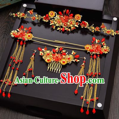 Traditional Chinese Ancient Bride Hair Accessories Xiuhe Suit Hairpins Tassel Step Shake Complete Set for Women