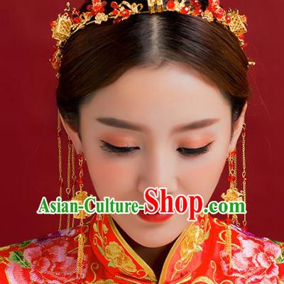 Traditional Chinese Ancient Bride Hair Accessories Xiuhe Suit Hairpins Tassel Hair Clasp Complete Set for Women