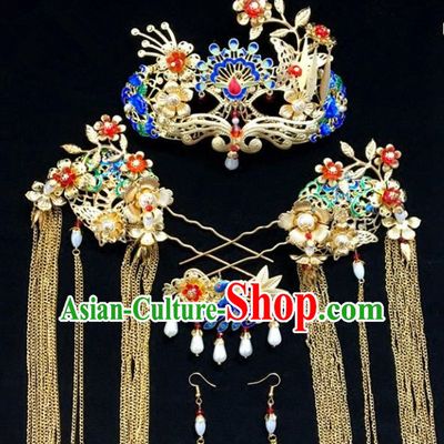 Traditional Chinese Ancient Wedding Phoenix Coronet Hair Accessories Cloisonne Hairpins Complete Set for Women