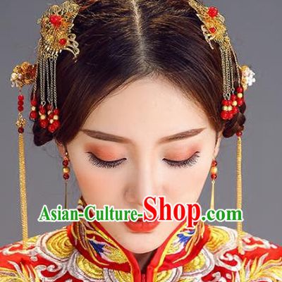 Traditional Chinese Ancient Bride Hair Accessories Xiuhe Suit Hairpins and Earrings for Women