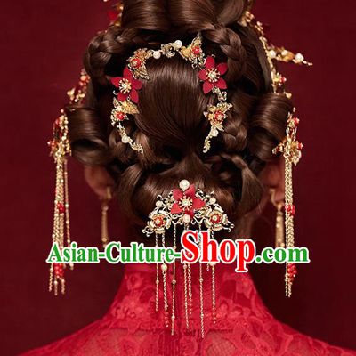 Traditional Chinese Ancient Bride Hair Accessories Xiuhe Suit Red Flowers Hairpins Complete Set for Women