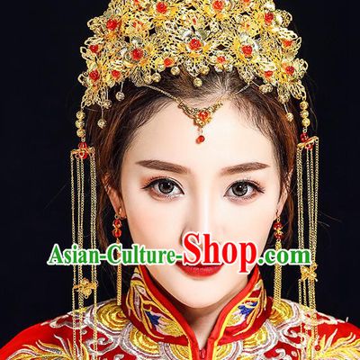 Traditional Chinese Ancient Bride Hair Accessories Xiuhe Suit Golden Phoenix Coronet Hairpins Complete Set for Women