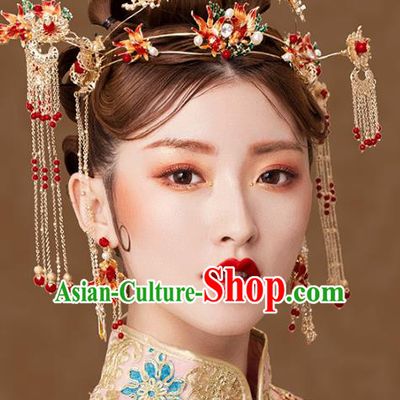 Traditional Chinese Ancient Bride Hair Accessories Xiuhe Suit Goldfish Phoenix Coronet Hairpins Complete Set for Women