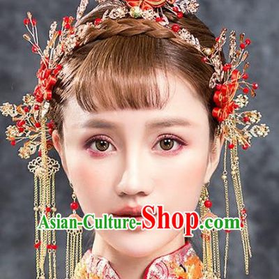 Traditional Chinese Ancient Bride Hair Accessories Xiuhe Suit Hairpins Chinese Knots Phoenix Coronet Complete Set for Women