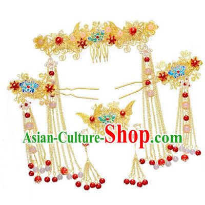 Traditional Chinese Ancient Bride Hair Accessories Xiuhe Suit Hairpins Blueing Lotus Hair Clasp Complete Set for Women