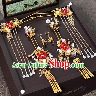 Traditional Chinese Ancient Bride Hair Accessories Xiuhe Suit Tassel Step Shake Hairpins Complete Set for Women