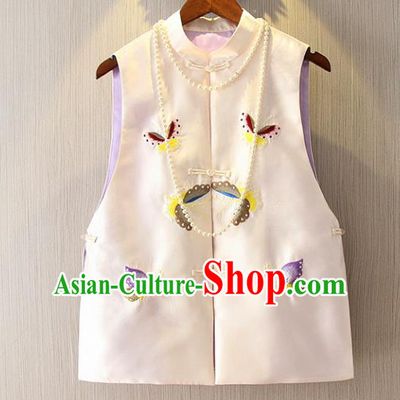 Chinese Traditional National Cheongsam Vest Tangsuit Embroidered Butterfly White Waistcoat for Women