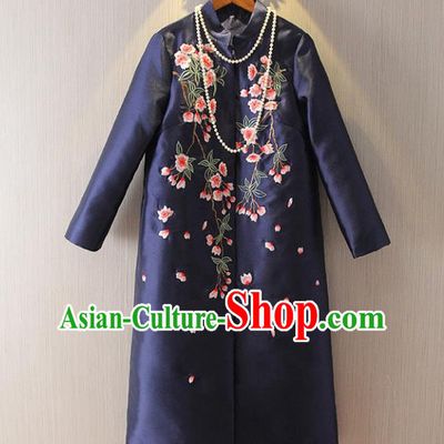 Chinese Traditional National Dust Coat Tangsuit Embroidered Navy Coats for Women