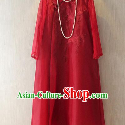 Chinese Traditional National Cheongsam Dress Tangsuit Embroidered Red Qipao for Women