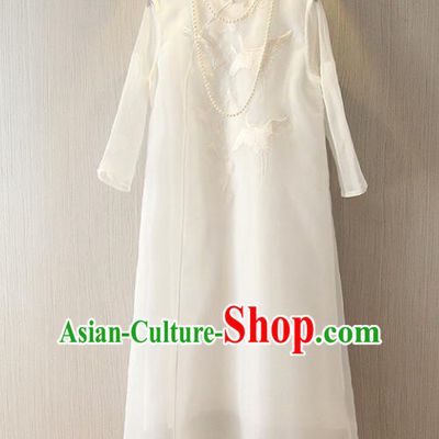 Chinese Traditional National Cheongsam Dress Tangsuit Embroidered White Qipao for Women