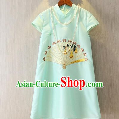 Chinese Traditional National Cheongsam Tangsuit Embroidered Blue Short Dress for Women