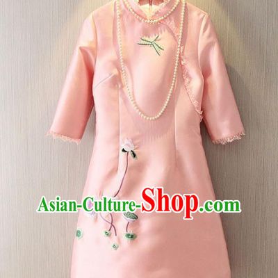 Chinese Traditional National Costume Pink Cheongsam Tangsuit Embroidered Short Dress for Women