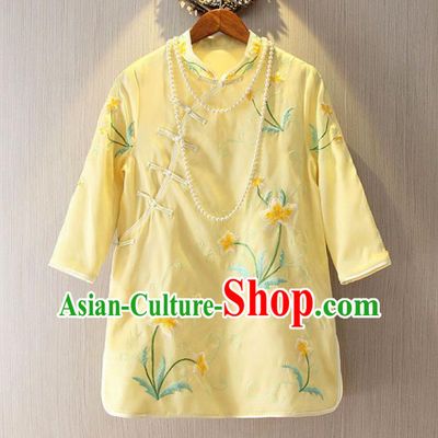 Chinese Traditional National Costume Cheongsam Blouse Tangsuit Embroidered Yellow Qipao Shirts for Women